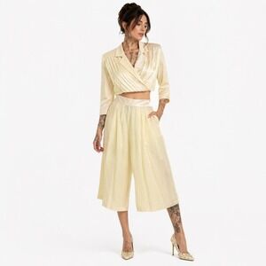 90s Vintage Blouse Pants Suit Set Womens 10 Cream Pleated Satin Wrap Wide Leg